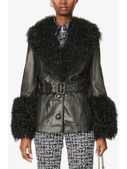 Shearling-Trim Leather Jacket, Black - Branna Couture