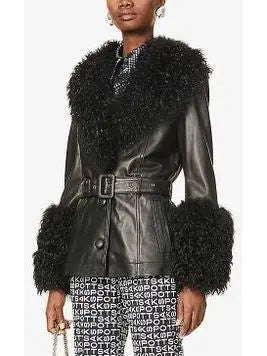 Shearling-Trim Leather Jacket, Black - Branna Couture