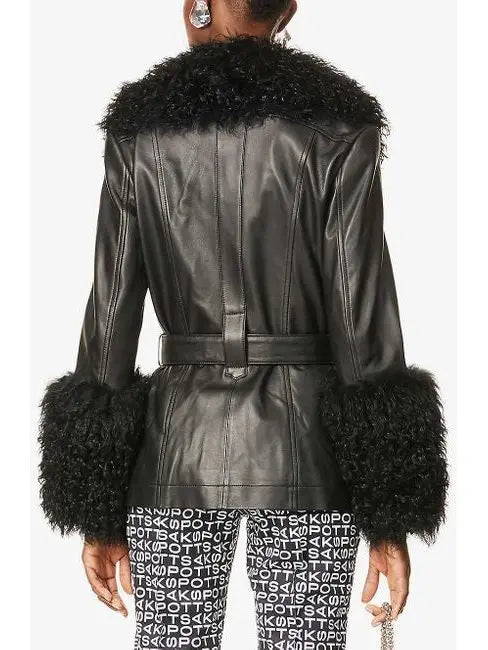 Shearling-Trim Leather Jacket, Black - Branna Couture