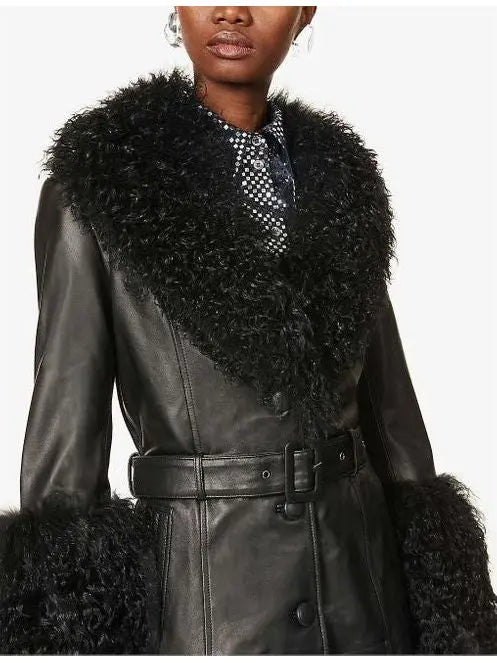 Shearling-Trim Leather Jacket, Black - Branna Couture