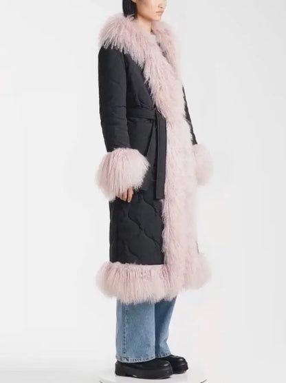 Shearling-Trim Quilted Long Coat - Branna Couture