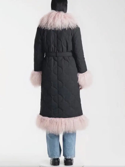 Shearling-Trim Quilted Long Coat - Branna Couture