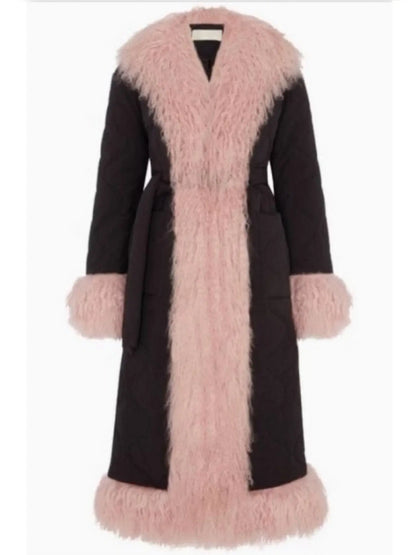 Shearling-Trim Quilted Long Coat - Branna Couture