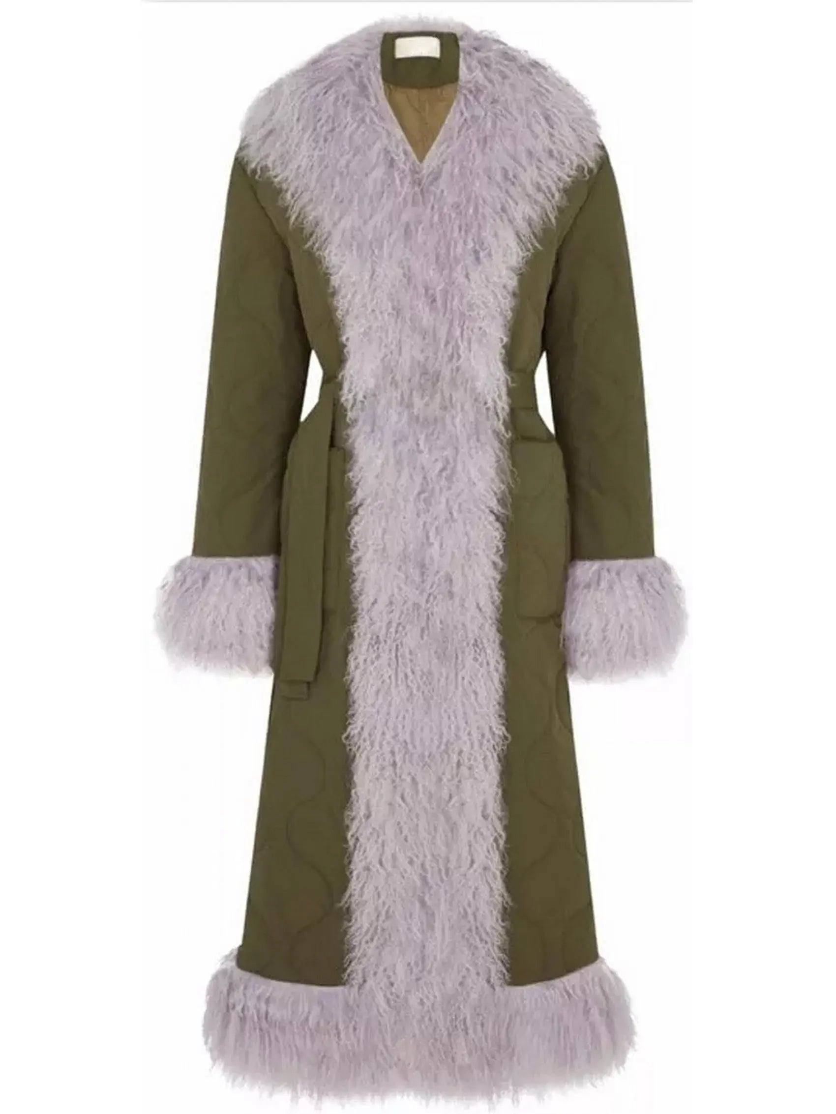 Shearling-Trim Quilted Long Coat - Branna Couture