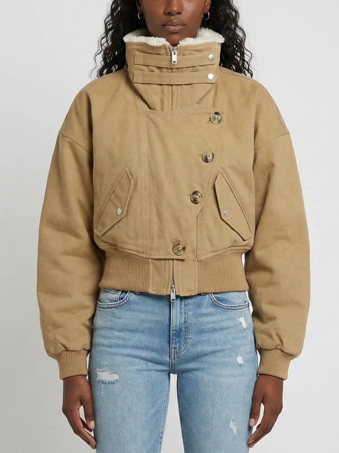 Shearling-Trim Utility Cropped Bomber Jacket