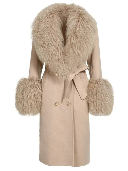 Belted Lambswool/Shearling Wool Cashmere Coat, Beige - Branna Couture