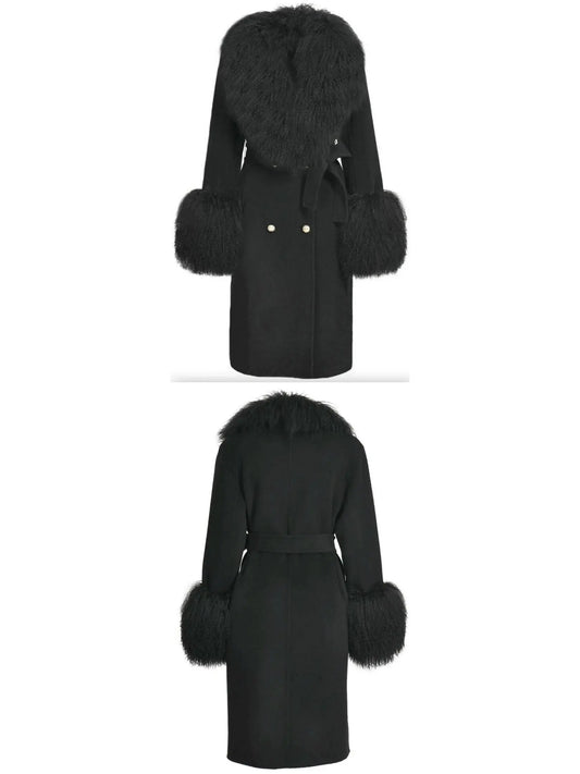 Belted Lambswool/Shearling Wool Cashmere Coat, Black - Branna Couture