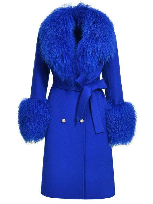 Belted Lambswool/Shearling Wool Cashmere Coat, Blue - Branna Couture