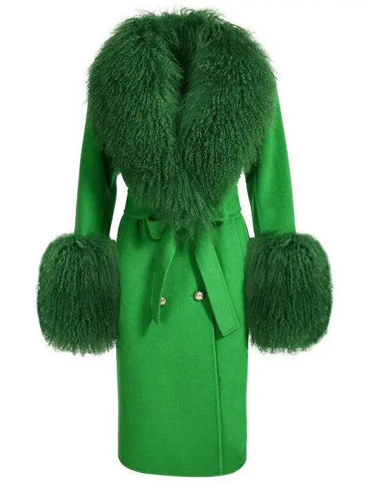 Belted Lambswool/Shearling Wool Cashmere Coat, Green - Branna Couture