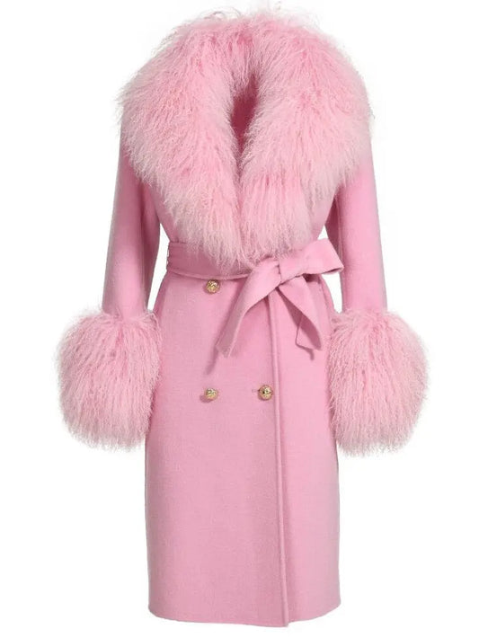 Belted Lambswool/Shearling Wool Cashmere Coat, Light Pink - Branna Couture