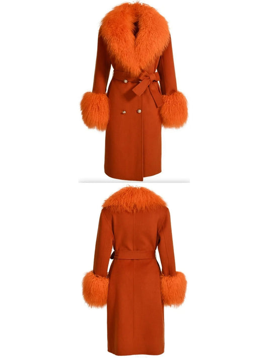 Belted Lambswool/Shearling Wool Cashmere Coat, Orange - Branna Couture