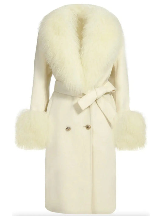 Belted Lambswool/Shearling Wool Cashmere Coat, White - Branna Couture