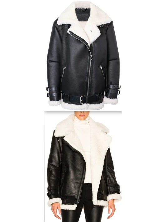 Shearling and Sheepskin Leather Bomber Jacket - Branna Couture