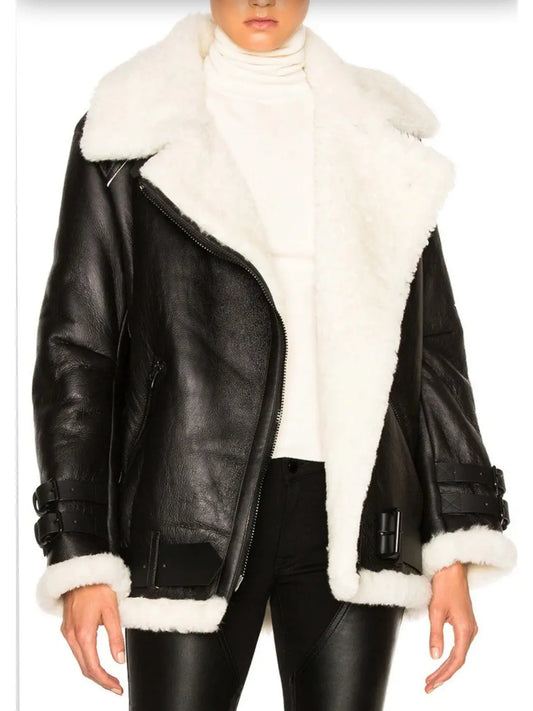 Shearling and Sheepskin Leather Bomber Jacket - Branna Couture