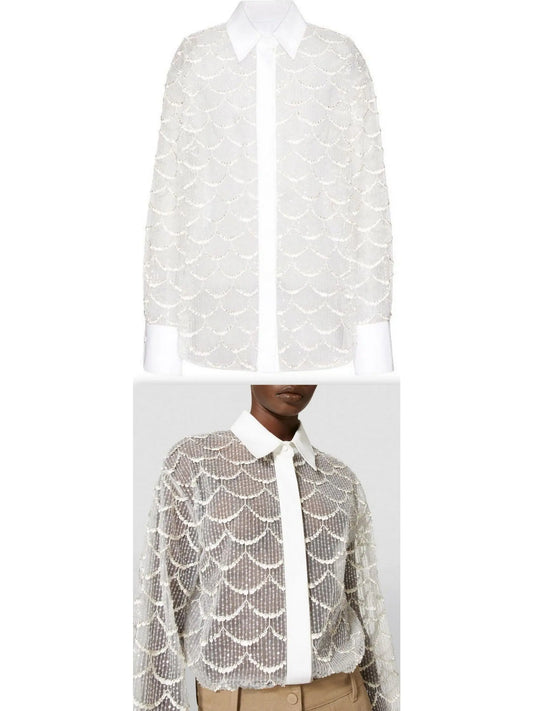 Sheer Sequin-Embellished Shirt in White - Branna Couture