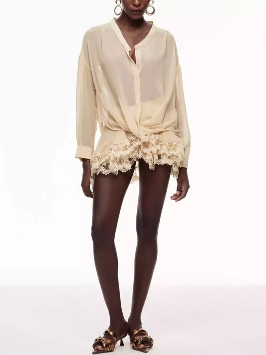 Sheer Blouse and Lace Trim Skirt Set Small Suits & Sets