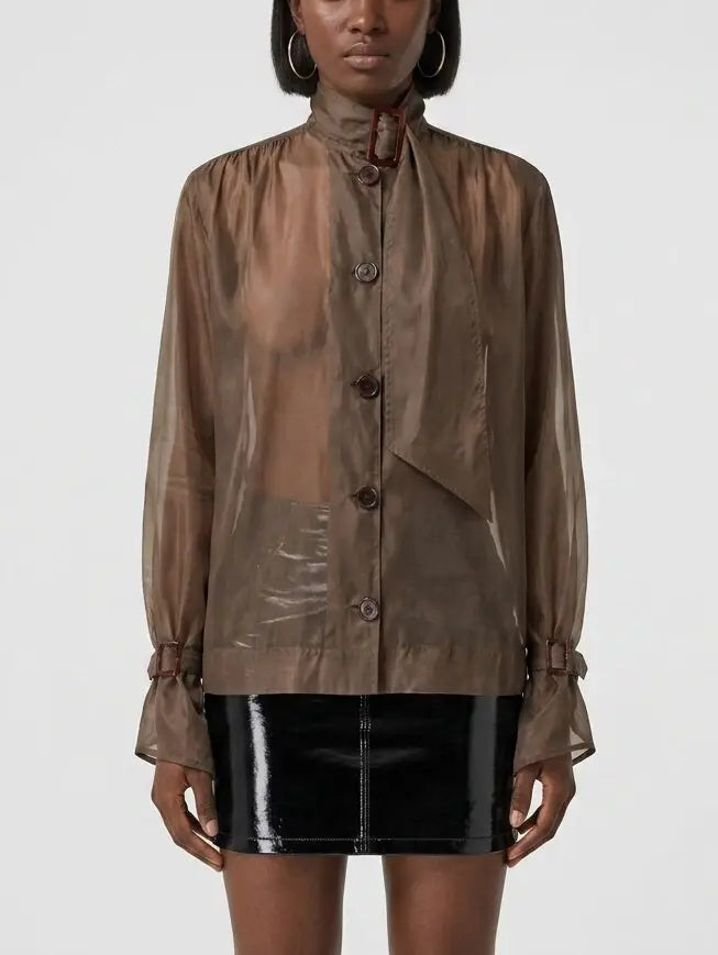 Sheer Buckled Scarf Neck Blouse in Brown - Small - Tops