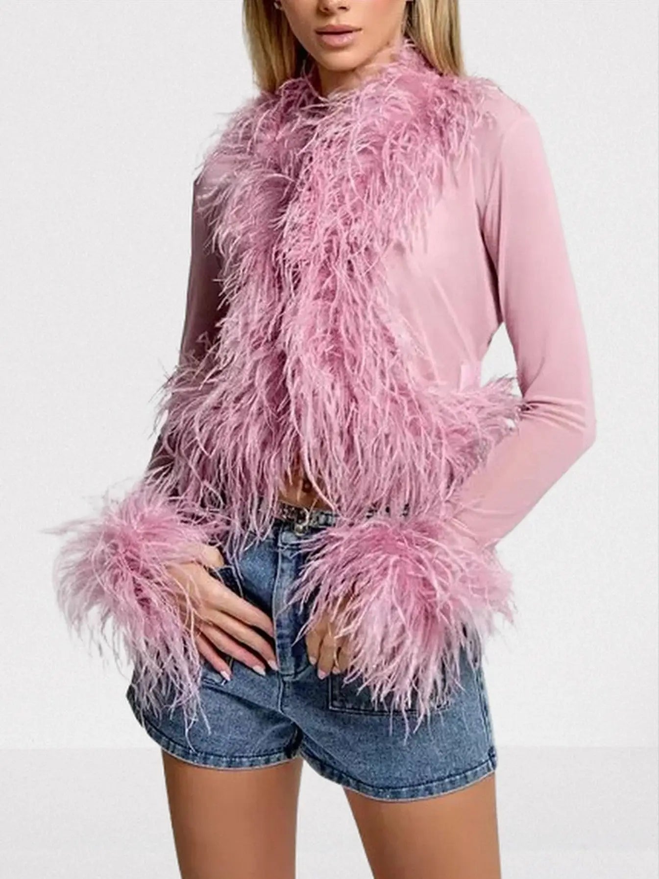 Sheer Feather-Trim Mesh Top - Small / Pink - Tops