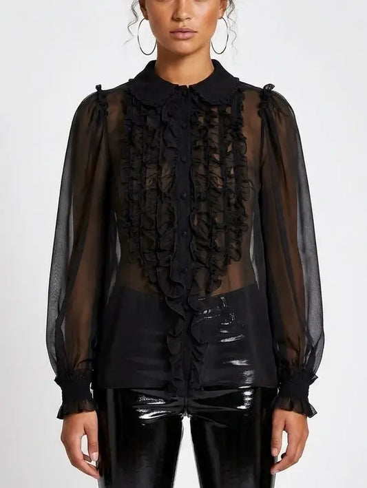 Sheer Silk Ruffle Front Blouse - S / Black - Tops
