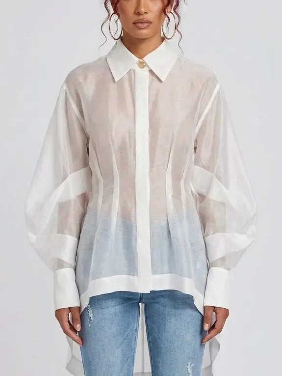 Sheer White High-Low Long Sleeve Shirt - S - Tops