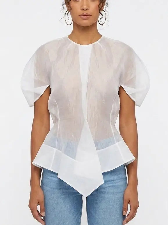 Sheer White Short Sleeve Peplum Top - Small - Tops
