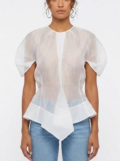 Sheer White Short Sleeve Peplum Top - Small - Tops