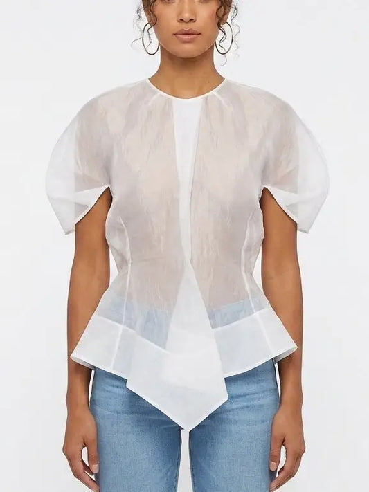 Sheer White Short Sleeve Peplum Top - Small - Tops