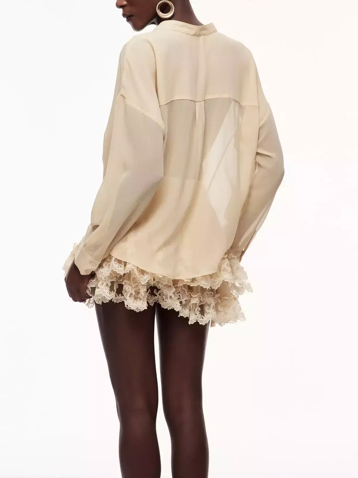 Sheer Blouse and Lace Trim Skirt Set Suits & Sets