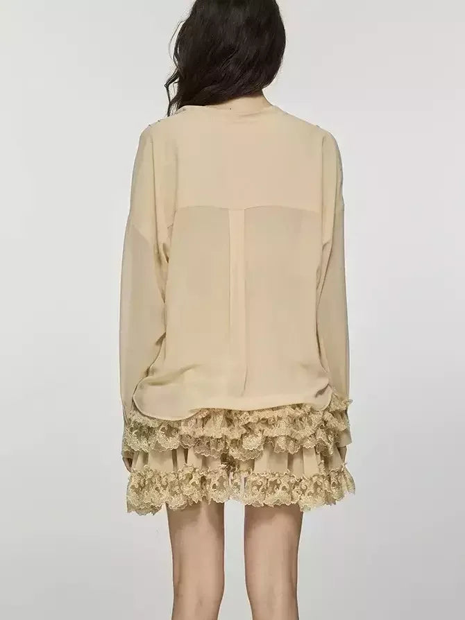 Sheer Blouse and Lace Trim Skirt Set Suits & Sets