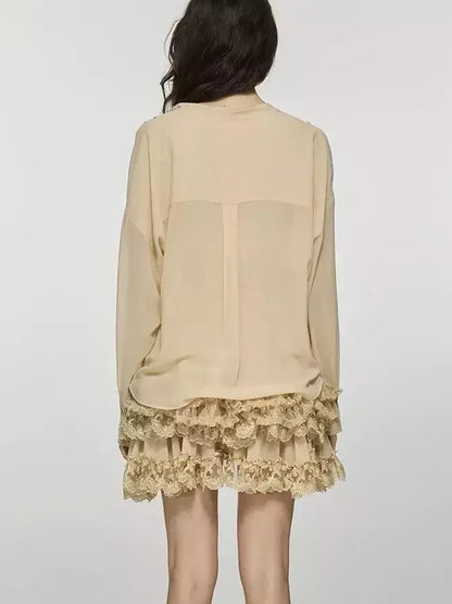 Sheer Blouse and Lace Trim Skirt Set Suits & Sets