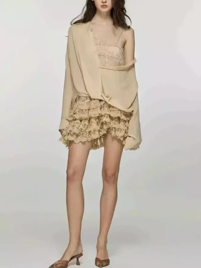 Sheer Blouse and Lace Trim Skirt Set Suits & Sets