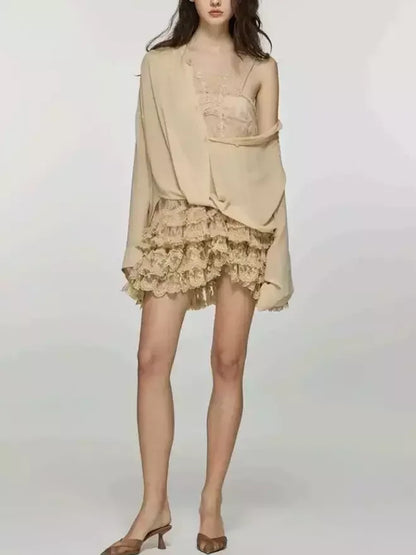 Sheer Blouse and Lace Trim Skirt Set Suits & Sets