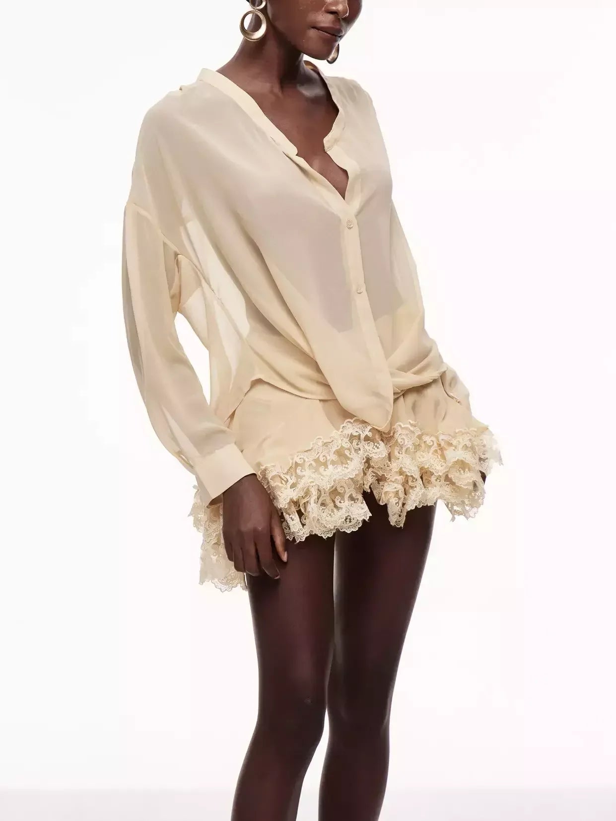 Sheer Blouse and Lace Trim Skirt Set Suits & Sets