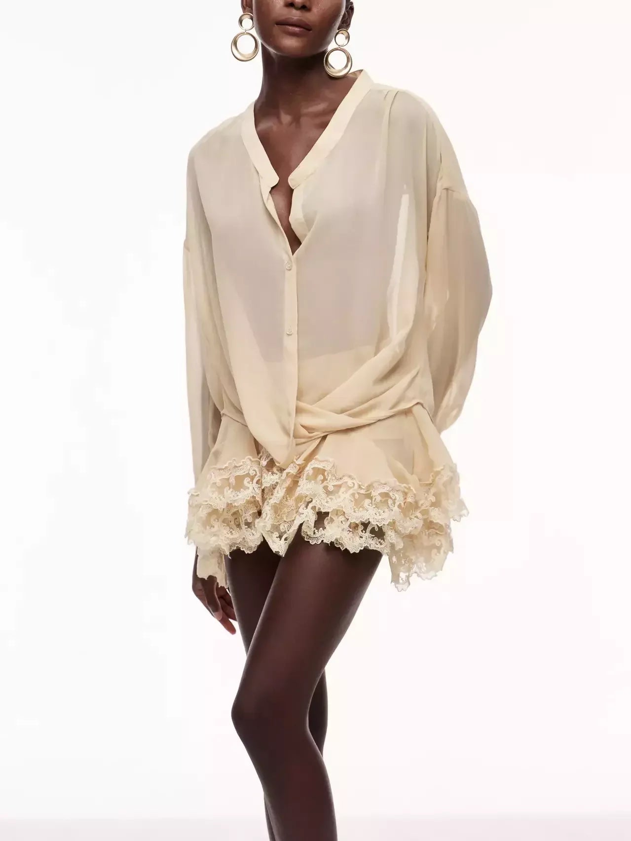 Sheer Blouse and Lace Trim Skirt Set Suits & Sets