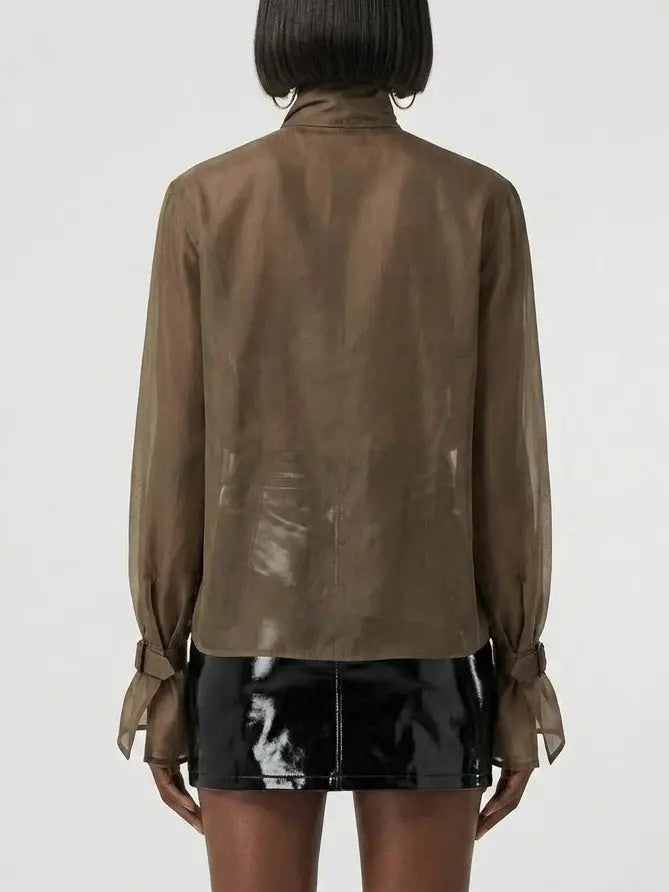 Sheer Buckled Scarf Neck Blouse in Brown - Tops