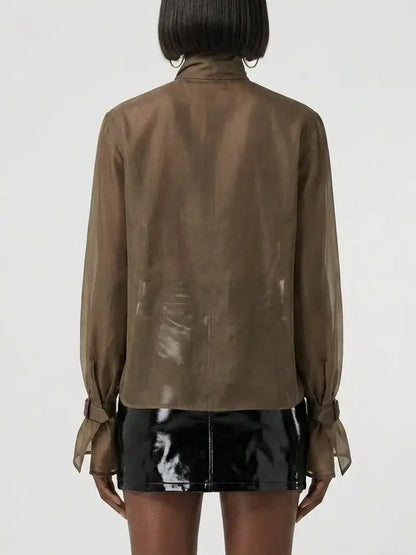 Sheer Buckled Scarf Neck Blouse in Brown - Tops