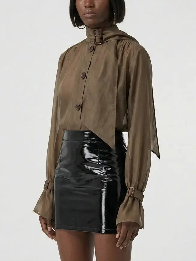 Sheer Buckled Scarf Neck Blouse in Brown - Tops