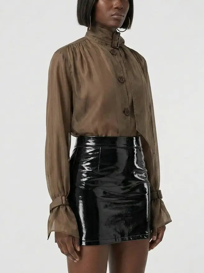 Sheer Buckled Scarf Neck Blouse in Brown - Tops