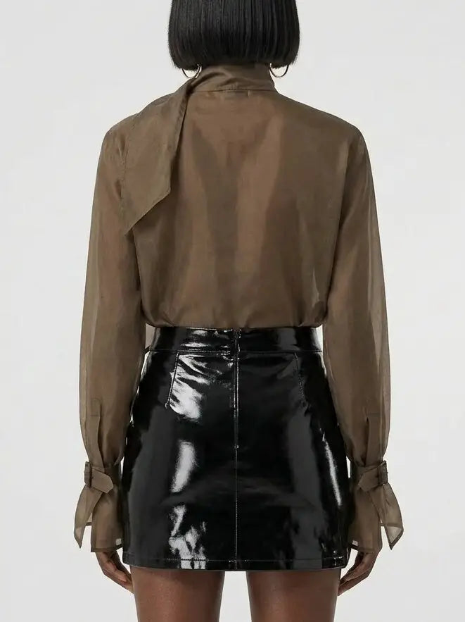 Sheer Buckled Scarf Neck Blouse in Brown - Tops