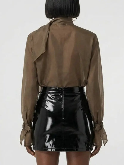 Sheer Buckled Scarf Neck Blouse in Brown - Tops