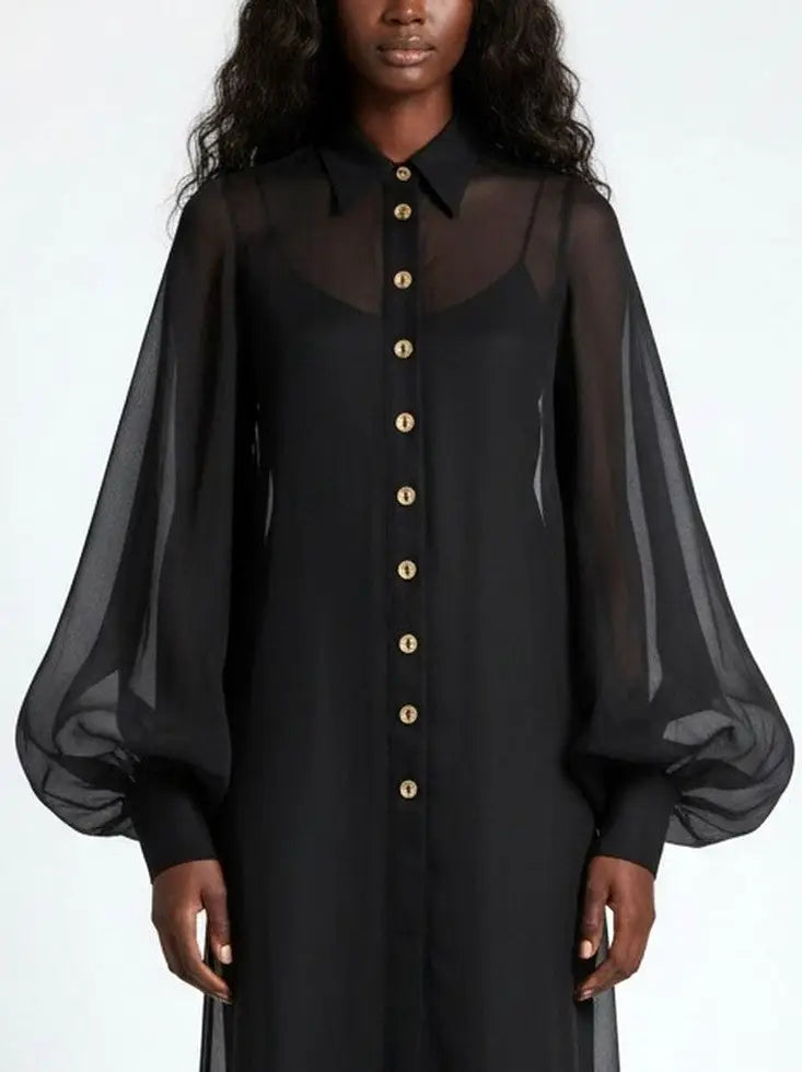 Sheer Button-Front Maxi Dress with Detachable Slip - Dresses