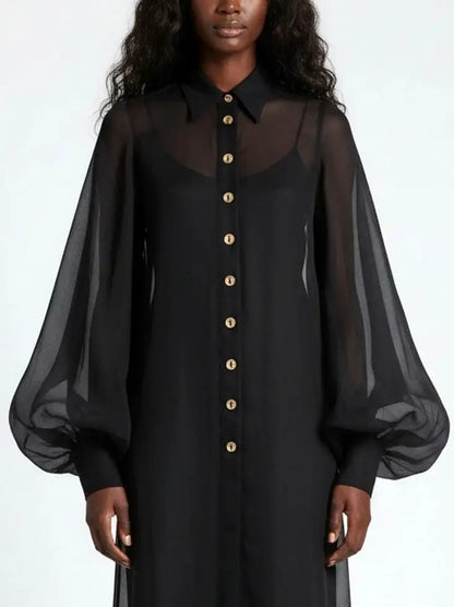 Sheer Button-Front Maxi Dress with Detachable Slip - Dresses