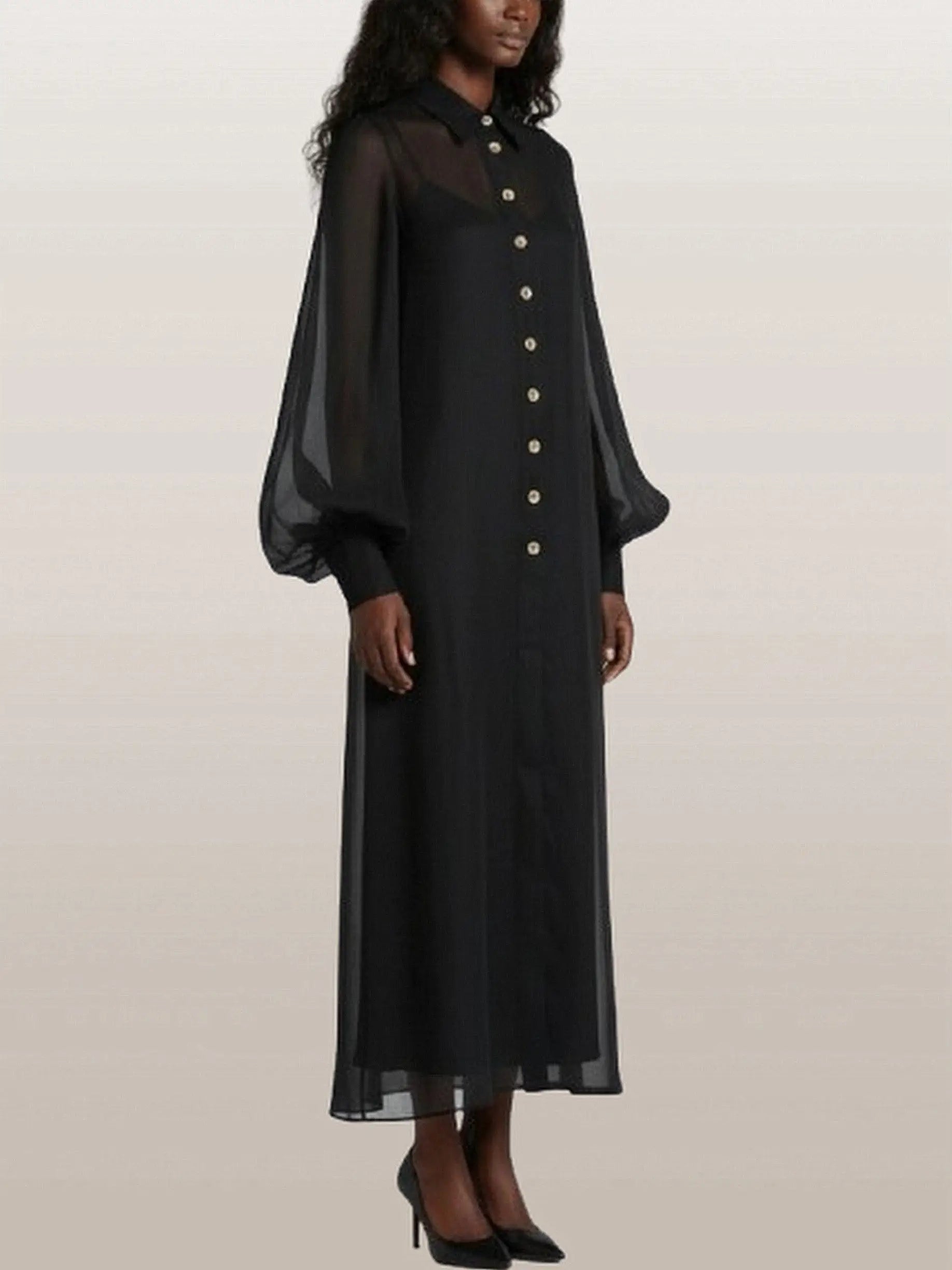 Sheer Button-Front Maxi Dress with Detachable Slip - Dresses