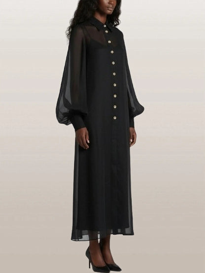 Sheer Button-Front Maxi Dress with Detachable Slip - Dresses