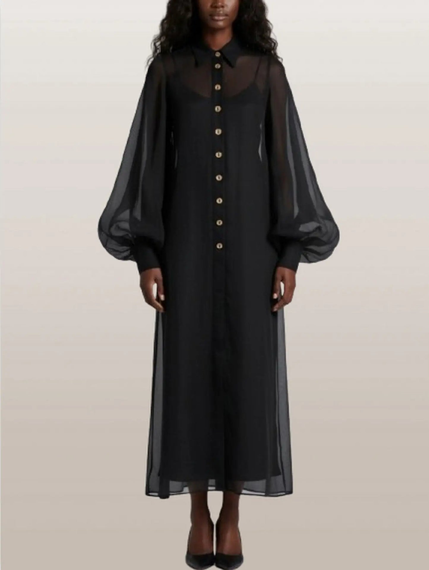 Sheer Button-Front Maxi Dress with Detachable Slip - Small - Dresses