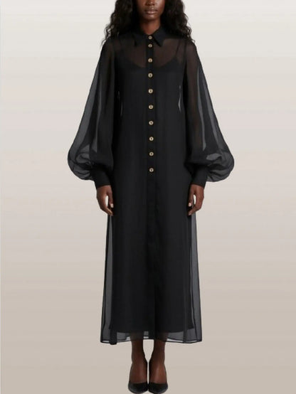 Sheer Button-Front Maxi Dress with Detachable Slip - Small - Dresses