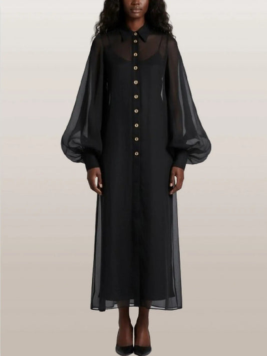 Sheer Button-Front Maxi Dress with Detachable Slip - Small - Dresses