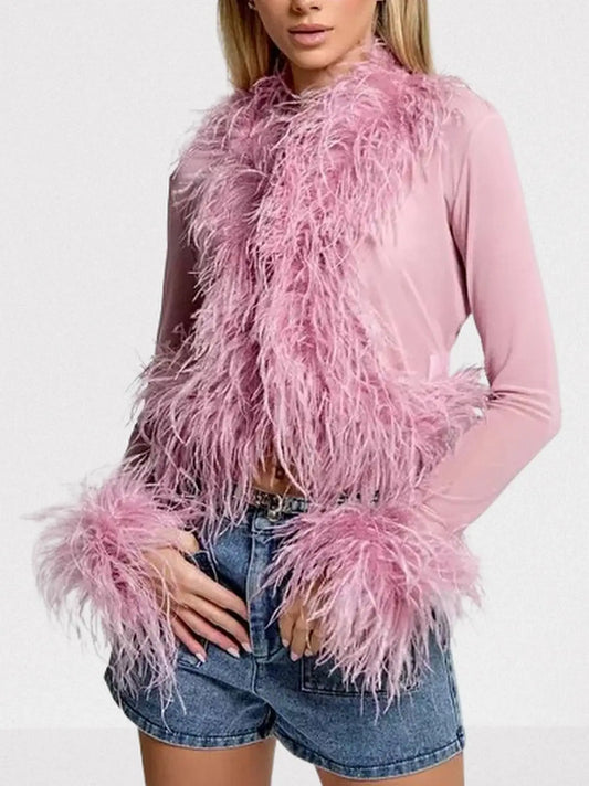 Sheer Feather-Trim Mesh Top - Tops