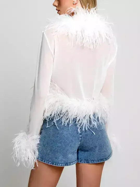 Sheer Feather-Trim Mesh Top - Tops