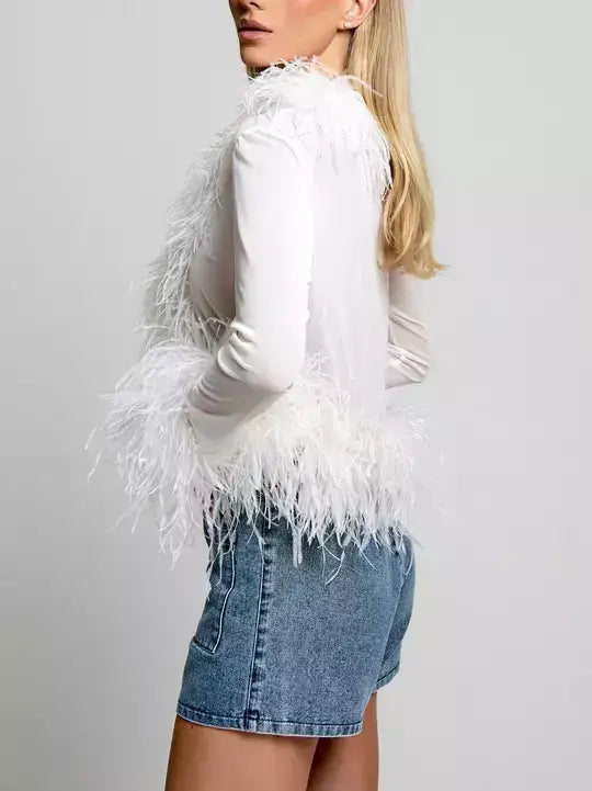 Sheer Feather-Trim Mesh Top - Tops